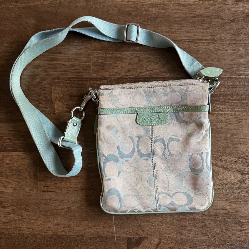 Coach Signature Jacquard Crossbody Bag Green Beige Slim Messenger Y2K